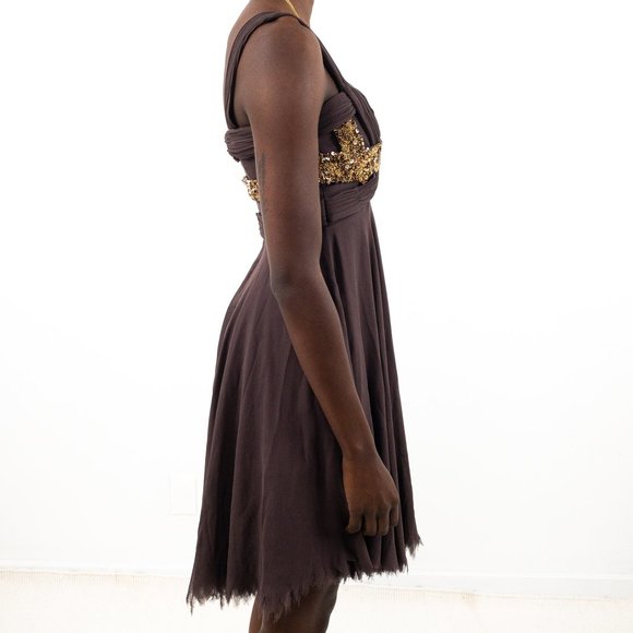 Vintage Y2K XS Silk Beaded Mini Party Dress Brown - Picture 6 of 9